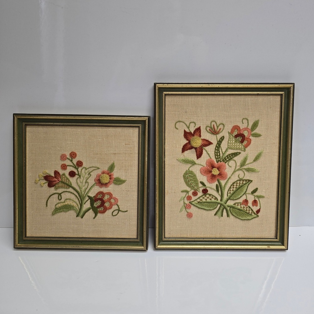 Vintage Crewel Embroidery Floral Framed Art Set of 2 1986 Cottagecore Whimsical
